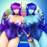  2girls bare_shoulders blue_choker blue_hair blue_skin breasts bridal_gauntlets candy candy_bar choker cleavage collarbone colored_skin commentary_request covered_navel cowboy_shot dark_blue_gloves dark_blue_hair dark_blue_leotard drink elbow_gloves english_text fingerless_gloves food gloves gradient_background heart highleg highleg_leotard highres holding holding_drink juice_box large_breasts leotard long_hair long_pointy_ears looking_at_viewer multiple_girls nei neifirst phantasy_star phantasy_star_ii pink_eyes planet pointy_ears purple_gloves purple_hair purple_leotard red_eyes siblings side-by-side signature space strapless strapless_leotard thick_thighs thigh_gap thighs west-maison 