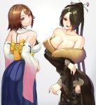  2girls back_bow bare_shoulders black_bra black_hair blue_eyes bow bra bra_peek bra_strap braid breasts brown_hair detached_sleeves dress eyeshadow final_fantasy final_fantasy_x fur_trim green_eyes hair_ornament hair_over_one_eye hair_stick hakama hakama_skirt heterochromia highres japanese_clothes long_braid long_skirt looking_back lulu_(ff10) makeup multiple_girls off-shoulder_dress off_shoulder parted_lips purple_eyeshadow purple_lips purple_nails red_eyes seed01010 simple_background skirt smile too_many_belts underwear wide_sleeves yuna_(ff10) 