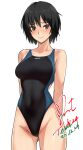  1girl amagami arms_behind_back ass_visible_through_thighs bare_shoulders black_hair black_one-piece_swimsuit blue_one-piece_swimsuit blush breasts brown_eyes closed_mouth commentary_request competition_swimsuit covered_navel cowboy_shot dated groin highleg highleg_swimsuit highres looking_at_viewer medium_breasts nanasaki_ai one-piece_swimsuit short_hair signature simple_background smile solo swimsuit two-tone_swimsuit white_background yoo_tenchi 