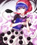  absurdres apron bad_id bad_pixiv_id black_shirt black_skirt blob blue_eyes blue_hair book cowboy_shot doremy_sweet hat highres nightcap pom_pom_(clothes) red_hat sheya shirt short_sleeves skirt smile solo tail touhou waist_apron white_apron white_background 