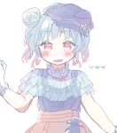  1girl :d arm_at_side blue_capelet blue_hair blue_headwear blue_overalls blush brown_skirt capelet cha_ipride cowboy_shot double_bun gloves gradient_hair hair_bun hand_up hat heart highres hyodou_shizuku idoly_pride jewelry looking_at_viewer multicolored_hair necklace open_mouth overalls pink_eyes pink_hair see-through_capelet short_hair short_sleeves sidelocks simple_background skirt smile solo straight-on white_background white_gloves 