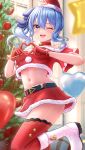  1girl :d absurdres bare_shoulders bell belt black_belt blue_eyes blue_hair blush boots breasts christmas christmas_ornaments christmas_tree collar cropped_shirt fur-trimmed_boots fur-trimmed_headwear fur-trimmed_shirt fur-trimmed_skirt fur_trim gloves hair_between_eyes hair_ribbon hat heart heart_hands highres hololive hoshimachi_suisei jingle_bell knee_boots long_hair looking_at_viewer midriff navel neck_bell off-shoulder_shirt off_shoulder one_eye_closed red_collar red_gloves red_headwear red_shirt red_skirt red_thighhighs ribbon santa_hat shirt side_ponytail skirt small_breasts smile solo standing standing_on_one_leg star_(symbol) star_in_eye symbol_in_eye teeth thighhighs thighs upper_teeth_only virtual_youtuber wajuniorbox white_footwear 