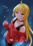  bare_shoulders black_choker blonde_hair bocchi_the_rock! choker galaxy happy_birthday highres ijichi_seika juice_box kikugawa_roku long_hair looking_at_viewer off-shoulder_sweater off_shoulder red_eyes red_sweater sweater 