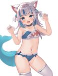  1girl :d animal_ears bikini black_choker blue_bikini blue_bow blue_eyes blue_hair blunt_bangs blush bow bow_bikini cat_ears choker claw_pose contrapposto fins fish_tail flat_chest gawr_gura grey_hair hair_ornament highres hololive hololive_english looking_at_viewer medium_hair multicolored_hair nail_polish navel nekopurin_(nyanko_prin) open_mouth shark_hair_ornament shark_print shark_tail sharp_teeth simple_background smile solo streaked_hair swimsuit tail teeth thighhighs thighs two-tone_hair two_side_up upper_teeth_only virtual_youtuber white_background white_thighhighs 