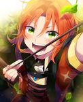  alternate_costume badge blush bow_(weapon) drawing_bow ensemble_stars! from_above green_eyes highres leaf male_focus orange_hair radioz smile solo tsukinaga_leo weapon 