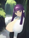  1girl black_coat blunt_bangs breasts closed_mouth coat day dress fern_(sousou_no_frieren) forest huge_breasts long_hair nature nipples one_breast_out open_clothes open_coat outdoors purple_eyes purple_hair sidelocks snorkel14 solo sousou_no_frieren tree upper_body white_dress 