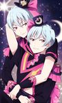  beppu_akihiko beppu_haruhiko binan_koukou_chikyuu_bouei-bu_love! blue_hair brothers epaulettes hat hug hug_from_behind magical_boy male_focus mini_hat mini_top_hat multiple_boys red_eyes siblings top_hat twins twitter_username wai 