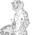 1:1 4_fingers anthro breasts clothed clothing countershading digital_drawing_(artwork) digital_media_(artwork) disney fabienne_growley felid female fingers food fur holding_food holding_object looking_at_viewer mammal monochrome nipples pantherine pawpads pawpsicle popsicle simple_background snow_leopard solo spots spotted_body spotted_fur swimwear thermite topless topless_female zootopia