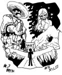  1boy 1girl 1other angelo&#039;s_world arm_hair breasts cave chili_pepper cleavage commentary english_commentary fire food greyscale hair_between_eyes hat heart highres holding holding_food inktober long_hair medium_breasts mexican_clothes monochrome mountain naughty_face original poncho shaded_face sign sombrero taco tongue tongue_out 