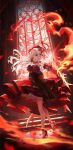  1girl au_ra blue_eyes bow breasts cleavage detached_sleeves dragon_tail dress final_fantasy final_fantasy_xiv fire floating_hair flower frills full_body heterochromia high_heels highres holding holding_sword holding_weapon kyusoukyu large_breasts long_hair looking_at_viewer open_mouth red_bow red_dress red_eyes red_flower red_footwear red_ribbon red_rose ribbon rose scales solo stained_glass standing sword tail warrior_of_light_(ff14) weapon weapon_request white_hair window 