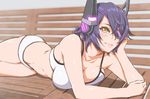 alternate_costume bench bikini breasts cleavage commentary_request derivative_work eyepatch hand_on_own_face headgear kantai_collection large_breasts mita_kurumi orange_eyes park_bench purple_hair short_hair smile solo swimsuit tenryuu_(kantai_collection) white_background white_bikini 