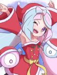  1girl ;d absurdres armpits arms_up blue_hair bow-shaped_hair breasts cleavage detached_sleeves dress hat highres iono_(pokemon) long_hair looking_at_viewer magnemite multicolored_hair one_eye_closed pink_eyes pink_hair pokemon pokemon_(creature) pokemon_sv red_dress red_headwear rono_(lethys) santa_dress santa_hat sharp_teeth small_breasts smile teeth twintails two-tone_hair upper_teeth_only very_long_hair 