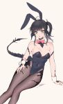  1girl animal_ears au_ra black_hair black_leotard blue_eyes bow bowtie breasts brown_pantyhose center_opening collar covered_navel dot_nose dragon_horns dragon_tail eyebrows_hidden_by_hair fake_animal_ears feet_out_of_frame final_fantasy final_fantasy_xiv green_eyes hand_on_own_hip heterochromia highres horns leotard long_bangs looking_at_viewer medium_breasts pantyhose playboy_bunny rabbit_ears red_bow red_bowtie side_ponytail signature simple_background solo tail triangle_mouth warrior_of_light_(ff14) white_collar yuuki_(nakano0731) 