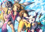  angewomon back-to-back brown_hair digimon digimon_adventure digimon_adventure_02 dual_persona hair_ornament hairclip holding_hands kuroshio_(zung-man) looking_at_viewer mask multiple_girls tailmon time_paradox yagami_hikari 