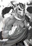  1boy armlet bandaged_wrist bandages bara bare_shoulders bead_necklace beads clenched_hands cowboy_shot earrings extra_arms helmet highres jewelry looking_at_viewer male_focus monochrome muscular muscular_male necklace rao_(live-w) scar scar_on_chest scar_on_shoulder shiva_(housamo) solo telekinesis tokyo_afterschool_summoners umbrakinesis veins veiny_arms 