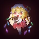  1girl absurdres blonde_hair chibi crystal crystal_wings dress fang flandre_scarlet frills full_body hat highres medium_hair mob_cap open_mouth penguin72 red_dress red_eyes side_ponytail skin_fang solo stuffed_animal stuffed_toy teddy_bear touhou 