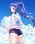 ass blue blue_hair blush breasts cloud cloudy_sky cowboy_shot day gorua_(youce01) high_ponytail hood hoodie large_breasts long_hair looking_back love_live! love_live!_sunshine!! matsuura_kanan md5_mismatch outdoors ponytail purple_eyes short_shorts short_sleeves shorts sky solo 