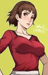  1girl alternate_costume blue_eyes blush braid breasts brown_hair collarbone crown_braid english_text green_background lepypepy looking_at_viewer medium_breasts niijima_makoto parted_lips persona persona_5 red_eyes red_lips red_shirt shirt short_hair simple_background solo teeth upper_body 