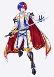 1boy alear_(fire_emblem) alear_(male)_(fire_emblem) belt black_belt blue_eyes blue_hair cape closed_mouth crossed_bangs fire_emblem fire_emblem_engage full_body gloves hair_between_eyes heterochromia highres holding holding_sword holding_weapon liberation_(fire_emblem) long_sleeves looking_down male_focus multicolored_hair red_eyes red_hair shinae short_hair solo sword two-tone_hair weapon white_background 