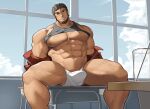  1boy abs ass_visible_through_thighs bad_id bad_twitter_id bara bare_pectorals beard black_hair black_tank_top bulge classroom coach come_hither desk facial_hair feet_out_of_frame full_beard hairy highres huge_pectorals jacket jacket_partially_removed looking_at_viewer male_focus mature_male muscular muscular_male mustache_stubble navel navel_hair nipples on_desk original pectorals seductive_smile short_hair sitting smile solo sparse_chest_hair sparse_leg_hair sparse_navel_hair spread_legs stomach strongman_waist stubble tank_top tekkowang thick_beard thick_eyebrows thick_thighs thighs track_jacket undressing wide_spread_legs 