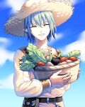  1boy basket belt belt_pouch blue_hair closed_eyes eggplant elezen elf final_fantasy final_fantasy_xiv food hair_between_eyes hat haurchefant_greystone highres holding holding_basket pants pointy_ears potato pouch shirt short_hair smile solo spinach straw_hat sunlight teeth tomato upper_body vegetable white_pants white_shirt wimp1313 