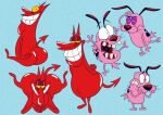 2024 8-bit-britt anthro big_butt black_body black_eyes black_fur blue_background brown_ears brown_nose butt canid canine canis cartoon_network clenched_teeth courage_the_cowardly_dog courage_the_cowardly_dog_(character) cow_and_chicken demon digital_media_(artwork) domestic_dog duo front_view fur half-closed_eyes hand_above_head hand_on_face hands_behind_back hands_together looking_at_viewer looking_back lying male mammal multicolored_body multicolored_fur narrowed_eyes nervous on_front pink_body pink_fur pink_tail portrait raised_leg red_body red_ears red_tail scared searching simple_background sitting smile smug spade_tail standing tail teeth the_red_guy three-quarter_portrait tongue two_tone_body two_tone_fur yellow_sclera