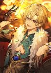  1boy aventurine_(honkai:_star_rail) black_gloves blonde_hair bracelet crossed_bangs english_text fur_trim gloves green_shirt hair_between_eyes honkai:_star_rail honkai_(series) jewelry male_focus open_mouth pectoral_cleavage pectorals poker_chip shirt short_hair sitting teeth twitter_username upper_teeth_only urashima_(hidoro_mgmg) v-shaped_eyebrows 