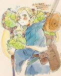  1girl backpack bag belt_pouch blonde_hair blue_capelet blue_robe blush braid braided_ponytail cabbage capelet choker dungeon_meshi elf flying_sweatdrops green_eyes highres holding holding_staff hood kmttta long_sleeves marcille_donato pointy_ears pouch red_choker red_ribbon ribbon robe sleeping_bag staff sweatdrop traditional_media 