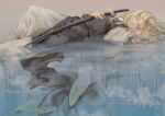  1boy black_robe blonde_hair blue_eyes chinese_clothes cloud different_reflection enki_(juuni_kokuki) feet_out_of_frame grey_background hanfu highres holding holding_sword holding_weapon juuni_kokuki knee_up long_hair long_sleeves looking_to_the_side lying male_focus on_back pants reflection reflective_water robe sad shuashu solo sword tassel water weapon white_pants 