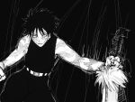  1girl artist_request belt burn_scar jujutsu_kaisen looking_at_viewer monochrome muscular muscular_female scar scar_on_arm short_hair sleeveless solo sword weapon zen&#039;in_maki 