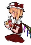  1girl blonde_hair cup disposable_cup drinking flandre_scarlet hat mob_cap opagi red_eyes red_skirt red_vest skirt touhou vest wings 