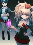  :q absurdres bear_hair_ornament black_choker black_hair blue_eyes blush boots breasts choker cleavage closed_mouth collarbone cosplay crown cup danganronpa:_trigger_happy_havoc danganronpa_(series) enoshima_junko enoshima_junko_(cosplay) esu_(tasoesu) freckles gradient_background hair_ornament hand_on_own_hip highres holding holding_cup ikusaba_mukuro large_breasts long_hair miniskirt monokuma nail_polish pleated_skirt red_nails red_skirt short_hair siblings sisters skirt tongue tongue_out twintails 