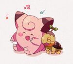 animal_focus blush_stickers claws clefairy closed_eyes commentary_request fang grey_background hand_up happy mgomurainu musical_note no_humans open_mouth pink_fur pokemon pokemon_(creature) simple_background smile sprout_on_head turtle turtwig 