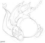  2016 belly big_belly big_tail black_and_white bound canson charizard claws digital_drawing_(artwork) digital_media_(artwork) dragon eyewear fangs feral fire force_feeding forced front_view glasses hands_behind_back hi_res horn line_art long_tail male monochrome muzzle_(object) muzzled nintendo overweight overweight_male pok&eacute;mon scalie signature simple_background sitting sketch soles solo sweat sweatdrop toe_claws tube video_games white_background 