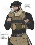  1boy bara beard belt black_belt black_hair black_shirt bonjourdraws brown_gloves brown_pants brown_scarf bulletproof_vest call_of_duty call_of_duty:_modern_warfare_2 captain_price cigar english_text facial_hair gloves hat highres holding holding_cigar like_and_retweet looking_at_viewer male_focus meme muscular muscular_male pants scarf shirt short_hair solo twitter_strip_game_(meme) 