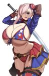  1girl alternate_breast_size american_flag_bikini asymmetrical_hair asymmetrical_legwear beach bikini blue_eyes breasts bun_cover cleavage commentary_request curvy fate/grand_order fate_(series) flag_print grin hair_bun highres holding holding_sword holding_weapon huge_breasts imuzi katana large_breasts long_hair looking_at_viewer miyamoto_musashi_(fate) miyamoto_musashi_(swimsuit_berserker)_(fate) miyamoto_musashi_(swimsuit_berserker)_(second_ascension)_(fate) navel ocean one_eye_closed pink_hair plump shrug_(clothing) single_side_bun smile solo swimsuit sword thigh_strap uneven_legwear weapon white_background 