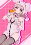  1girl :o animal_hood black_leotard blunt_bangs breasts carrot chi_gu cleavage danganronpa_(series) danganronpa_2:_goodbye_despair fishnet_thighhighs fishnets flipped_hair food galaga hair_ornament highres holding holding_carrot holding_food hood large_breasts leotard looking_at_viewer medium_hair nanami_chiaki neck_ribbon official_alternate_costume pink_background pink_eyes playboy_bunny rabbit_hood rabbit_tail ribbon solo tail teeth thighhighs upper_teeth_only white_leotard 