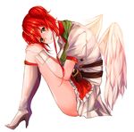  akito_(d30n26) boots dress green_eyes high_heel_boots high_heels highres knee_boots long_hair looking_at_viewer red_hair shirt simple_background sitting smile solo white_background white_dress white_footwear white_shirt white_wings wings 