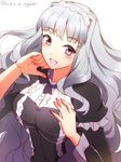  center_frills eyebrows eyebrows_visible_through_hair frills idolmaster idolmaster_(classic) long_hair ookami_maito open_mouth purple_eyes shijou_takane silver_hair simple_background solo twitter_username upper_body white_background 