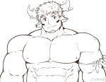  1boy abs animal_ears bara cow_boy cow_ears cow_horns eye_black facial_hair forked_eyebrows goatee greyscale horns huge_pectorals male_focus monochrome muscular muscular_male navel nipples short_hair smile solo spiked_hair stomach strongman_waist tareme tekkowang thick_eyebrows tokyo_afterschool_summoners upper_body wakan_tanka 