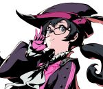  1girl black_hair buttons glasses gloves hat_feather long_sleeves neckerchief noge_tomoko official_art persona persona_5 persona_5:_the_phantom_x pink_gloves pink_shirt puffy_long_sleeves puffy_sleeves shirt 