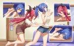  2girls absurdres ahoge barefoot blue_hair breasts candy cellphone commission couch date_a_live desk door food highres hun_shui indoors itsuka_kotori licking licking_foot lollipop multiple_girls phone pixiv_commission ponytail pushing red_hair shorts small_breasts smartphone takamiya_mana twintails 