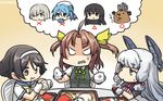  ahoge anger_vein animalization bangs beaver blunt_bangs breast_envy commentary dated detached_hair eating eating_hair food gloves hair_ornament hair_ribbon hairband hairclip hamakaze_(kantai_collection) hamburger hamu_koutarou hat highres isokaze_(kantai_collection) kagerou_(kantai_collection) kantai_collection multiple_girls murakumo_(kantai_collection) remodel_(kantai_collection) ribbon school_uniform serafuku short_eyebrows sweatdrop tanikaze_(kantai_collection) tress_ribbon urakaze_(kantai_collection) white_gloves yellow_ribbon yukikaze_(beaver) yukikaze_(kantai_collection) 