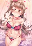  bangs bed bed_sheet blush bow bow_panties bra bracelet breasts brown_hair cameltoe canopy_bed cleavage earrings hair_bow hand_on_own_chest heart heart-shaped_pupils heart_earrings heart_necklace jewelry lingerie long_hair looking_at_viewer love_live! love_live!_school_idol_project medium_breasts miazi minami_kotori navel necklace one_side_up panties red_bow smile solo stomach symbol-shaped_pupils underwear underwear_only yellow_eyes 