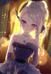  1girl 1other bare_shoulders bling_(epvc5242) blue_archive blurry blurry_background blush collarbone demon_horns dress flat_chest gloves grey_hair halo hand_on_hand highres hina_(blue_archive) horns light_smile looking_at_viewer pov pov_hands purple_dress purple_eyes purple_gloves 