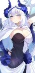  1girl blue_eyes breasts cape cleavage detached_sleeves dress fate/grand_order fate_(series) grey_hair hand_on_own_hip highres large_breasts long_hair morgan_le_fay_(apex)_(fate) morgan_le_fay_(fate) split-color_clothes umi_endu white_cape 