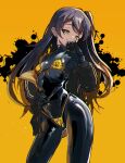  1girl absurdres bikini bodysuit breasts brown_hair cowboy_shot girls&#039;_frontline highres latex latex_bodysuit long_hair looking_at_viewer micro_bikini ryuu_tou side_ponytail skin_tight small_breasts smile solo swimsuit ump45_(girls&#039;_frontline) very_long_hair yellow_eyes 