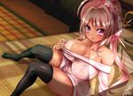  1girl ahoge areola_slip areolae bed black_legwear blush breasts brown_hair female huge_breasts jotti long_hair looking_at_viewer no_bra on_ground open_mouth original puffy_nipples red_eyes shirt sitting solo sweat tan tanline thighhighs thighs wet_shirt 