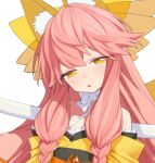  1girl animal_ear_fluff animal_ears bow_choker detached_sleeves fate/samurai_remnant fate_(series) fox_ears half-closed_eyes highres japanese_clothes kimono long_hair looking_at_viewer meowtterin orange_eyes parted_lips sash sidelocks simple_background solo tamamo_(fate) tamamo_aria_(fate) upper_body weapon_behind_back white_background yellow_kimono 