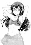  absurdres arms_behind_head bikini blush breasts cleavage cowboy_shot flower glasses greyscale groin hair_flower hair_ornament halftone highres kantai_collection komase_(jkp423) long_hair monochrome navel ooyodo_(kantai_collection) plaid plaid_bikini sarong semi-rimless_eyewear small_breasts smile solo swimsuit under-rim_eyewear white_background 